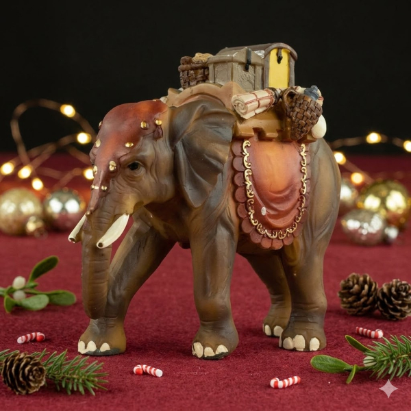 Handbemalte Krippenfigur Elefant mit Gepäck, ca. 10 cm, T 004-15